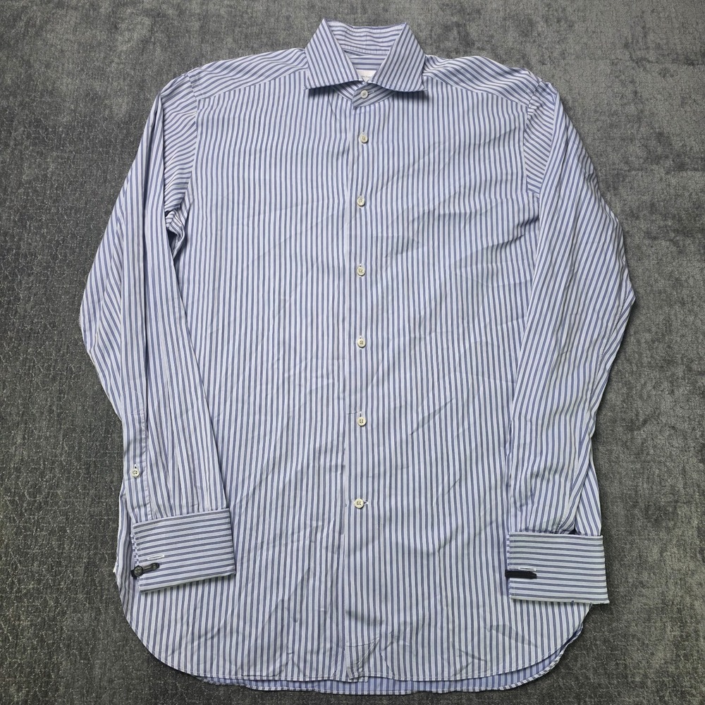 Ermenegildo Zegna Dress Shirt Mens 15.5 39 White Blue Striped French Cuff Luxury